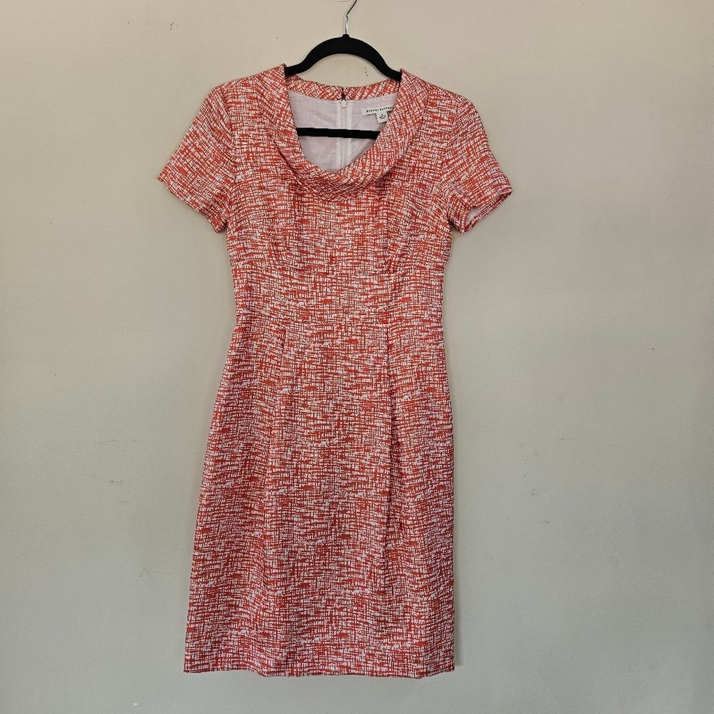 Banana Republic Sheath Dress 100% Silk Cowl Neck Abstract Mod Tangerine Mad Men